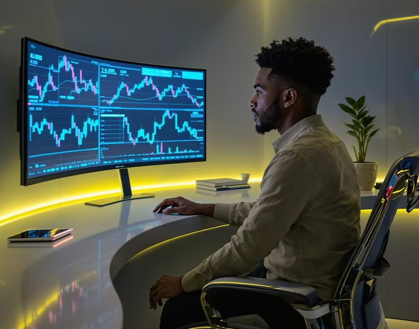 Professional working on curved monitors